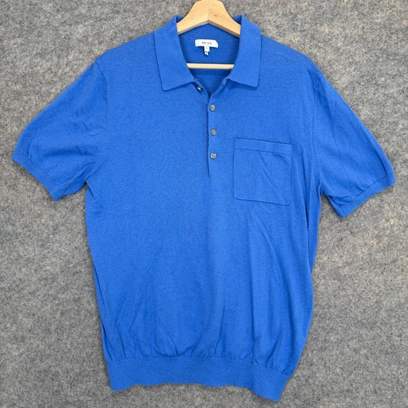 REISS Ralphy Button Polo Shirt Mens Large Linen Blend Pocket Blue Knit Tee - Picture 1 of 10